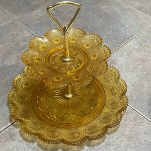 Vintage Two-Tier Amber Glass Serving Tray
